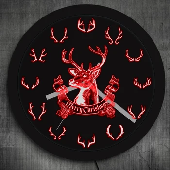 

Merry Christmas Deer Wall Clock With LED Backlight 12 Different Deer Horn Antlers Color Changes Lighting Art Decor Hunting Gifts