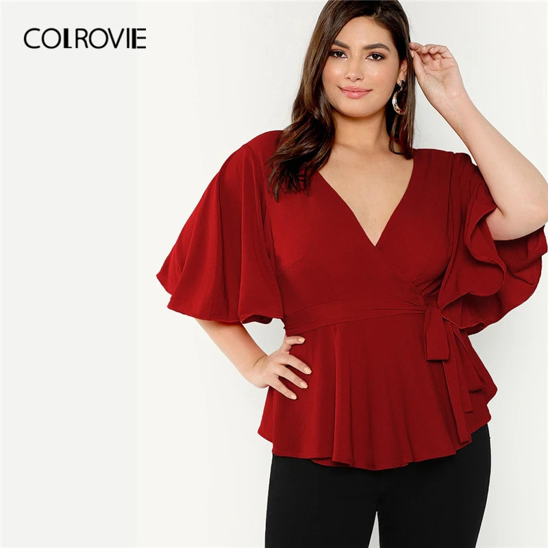 

COLROVIE Plus Size Red V Neck Flutter Sleeve Ruffle Surplice Wrap Knot Elegant Blouse Shirt Women 2019 Summer Office Ladies Tops