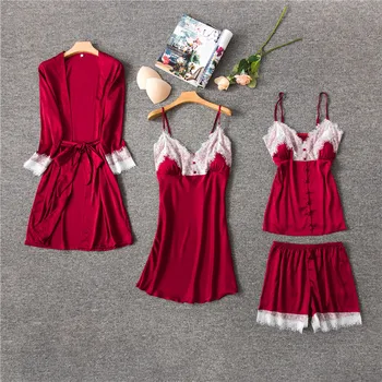 Satin Women 4PCS Sleepwear Sexy V-Neck Cami+Shorts+Nighty+Robe Home Wear Casual Pajama Pijama Set Lace Kimono Bath Gown M-XL
Satin Women 4PCS Sleepwear Sexy V-Neck Cami+Shorts+Nighty+Robe Home Wear Casual Pajama Pijama Set Lace Kimono Bath Gown M-XL