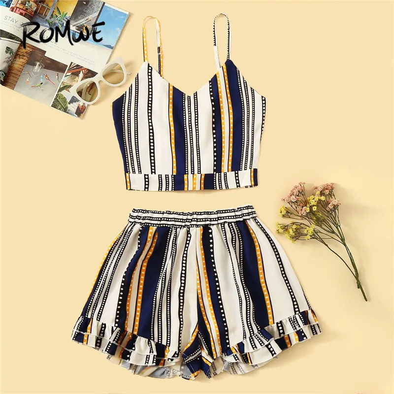 

ROMWE Striped Back Tied Knot Cami Top With Wide Leg Shorts Woman Sets Crop Vest And Ruffle Hem Shorts Two-Piece Boho Co-ords