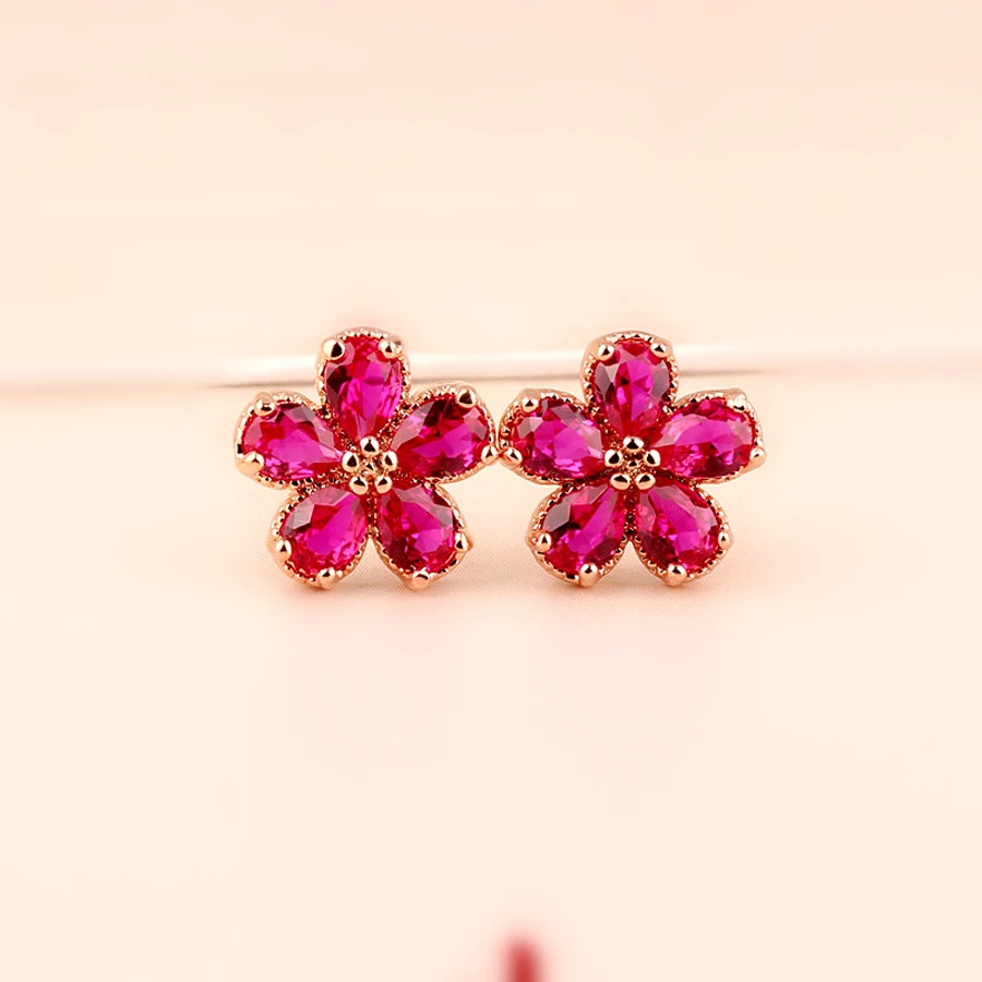 11.11 Sale New Fashion Red Cubic Zirconia Rose Gold Color Flower Earrings for Girls High Quality Nickel Free Jewelry Wholesale | Украшения