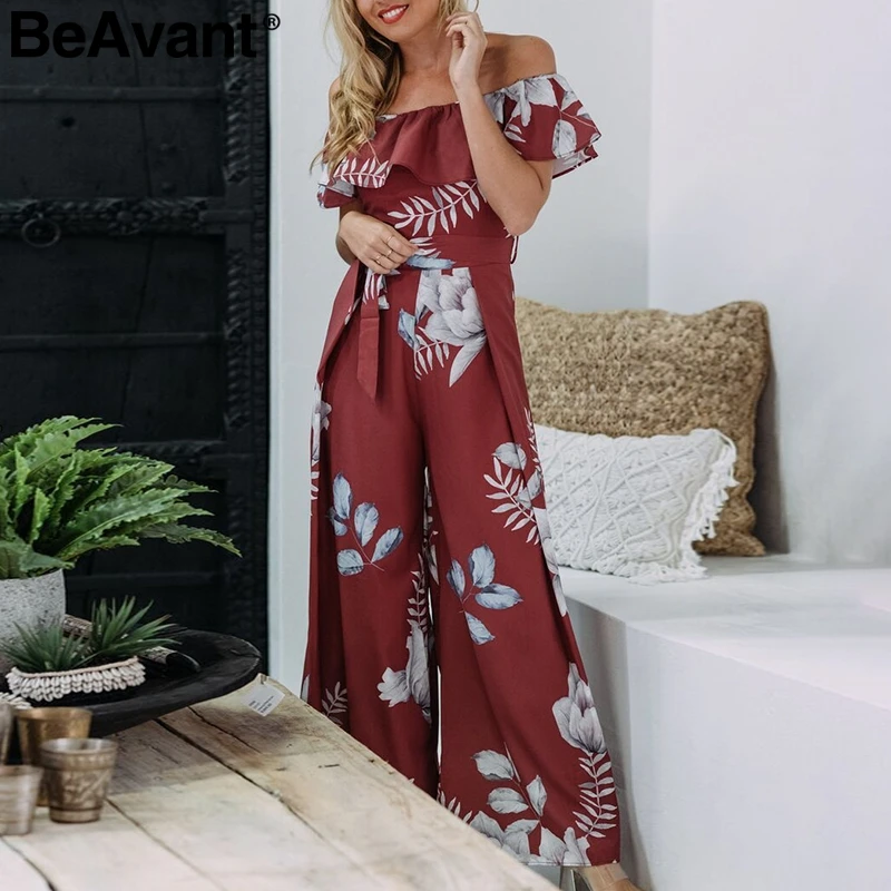 BeAvant Bohemian floral print jumpsuit women Elegant off shoulder sash ruffle romper jumpsuit Summer beach long playsuit female 
BeAvant Bohemian floral print jumpsuit women Elegant off shoulder sash ruffle romper jumpsuit Summer beach long playsuit female