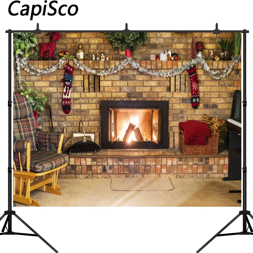 

Capisco Christmas Photography Backdrops brick Wall Fireplace Socks for Child Baby New Year Festival Studio Backgrounds Props