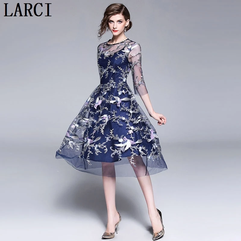 LARCI 2018 Women Summer Fashion Mesh A-Line Dress Elegant Patchwork 3/4-Length Sleeve Party Sexy Flower Embroidery N5295 | Женская