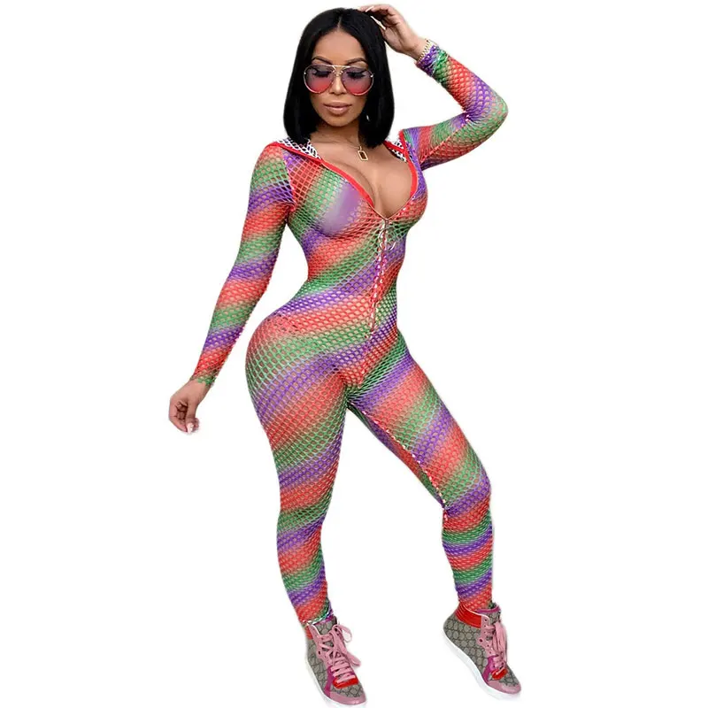 Colorful Mesh Fishnet Hooded Jumpsuit Sexy & Club Women Skinny Cotton Full Length Striped L8103 Ages 18-35 Years Old
Colorful Mesh Fishnet Hooded Jumpsuit Sexy & Club Women Skinny Cotton Full Length Striped L8103 Ages 18-35 Years Old