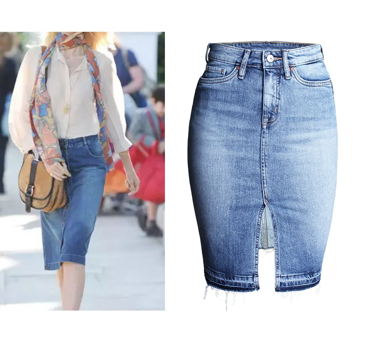 Tide section, raw hem, split skirt, washed white high waist denim skirt (6)