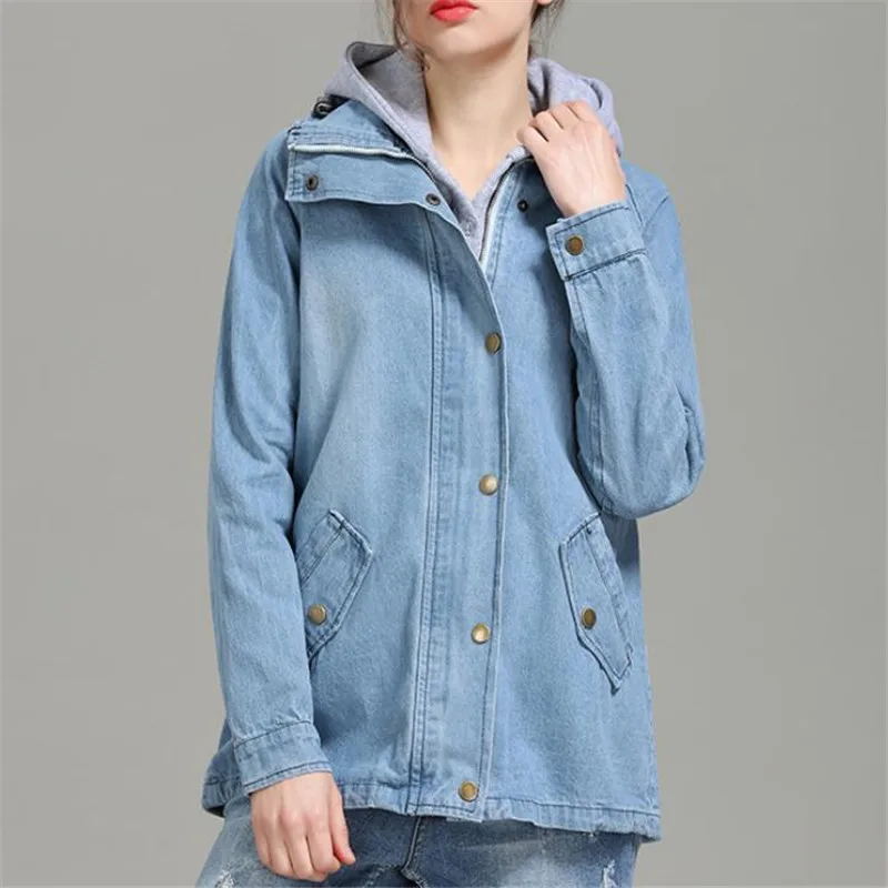 Женская джинсовая куртка свободная и видимая тонкая ветровка с капюшоном для
