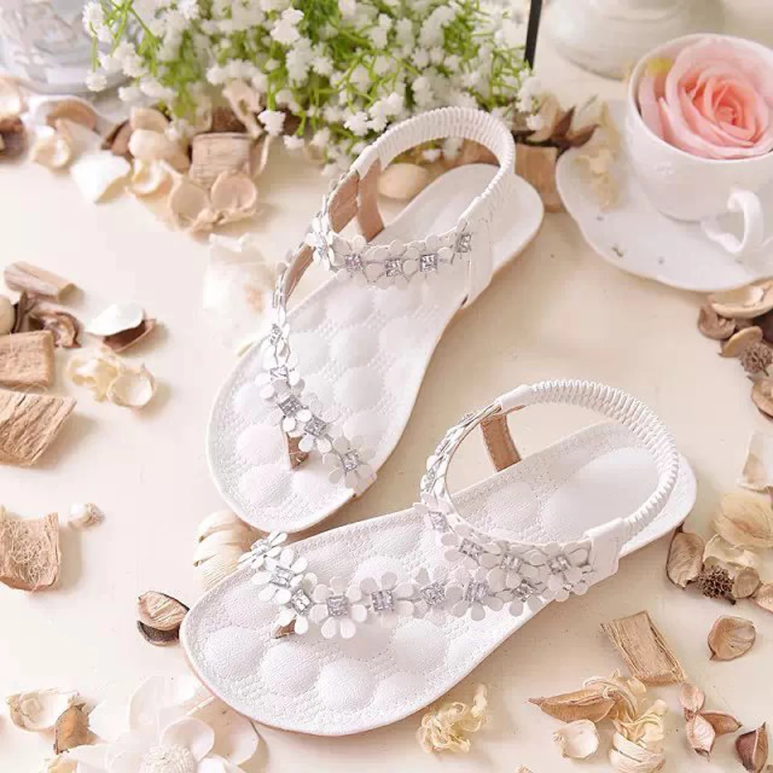 Summer flat flowers women's sandals blossom Bohemian wind female shoes crystal | Обувь