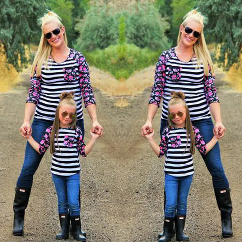 New-Fashion-2017-Family-Matching-Outfits-Patchwork-flower-Long-sleeve-Striped-T-Shirts-mother-and-daughter (1)