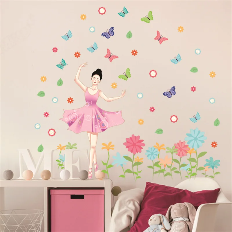 Красивая балерина девушка Наклейка на стену из ПВХ DIY бабочки цветы наклейки для