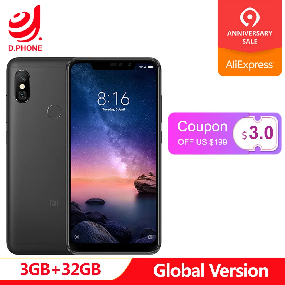 Official Global version Xiaomi Redmi Note 6 Pro 3GB 32GB Snapdragon 636 Octa Core 4000mAh 6.26 inch 12MP+5MP Note6 Smart Phone
Official Global version Xiaomi Redmi Note 6 Pro 3GB 32GB Snapdragon 636 Octa Core 4000mAh 6.26 inch 12MP+5MP Note6 Smart Phone