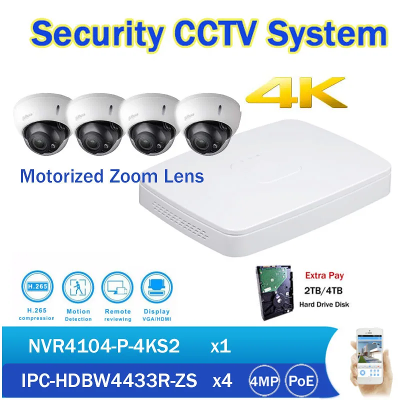 DH комплект 4К CH PoE 4 к сети видео регистраторы NVR4104 P 4KS2 4MP моторизованный зум