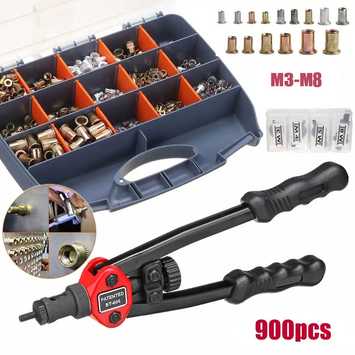 900pcs Nutsert Rivnut Stainless Steel Riveting-Gun M3 to M8 Insert Rivet Tools Mandrels Kit with Hand Nut Riveter Repair Tools
900pcs Nutsert Rivnut Stainless Steel Riveting-Gun M3 to M8 Insert Rivet Tools Mandrels Kit with Hand Nut Riveter Repair Tools