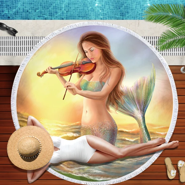 Large Microfiber Round Mermaid Beach Towel
