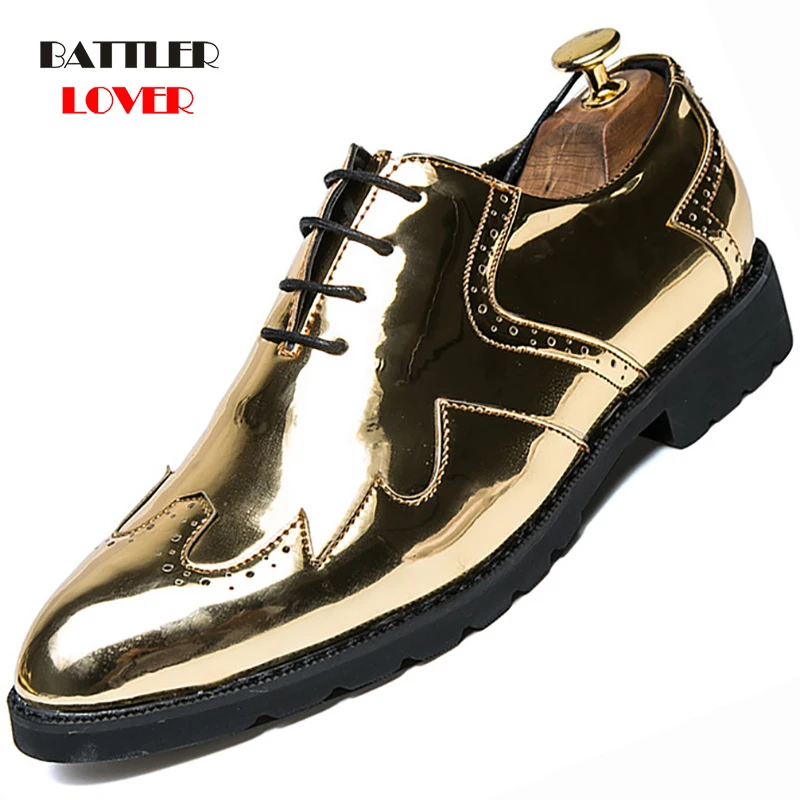 Men Gold Patent Leather Oxfords Shoe Genuine Leather Classic Business Brogue Shoes Men