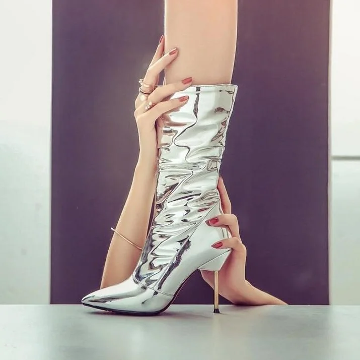 Hot Selling Silver Mirror Leather Mid Calf Boots Pointed Toe Metal Stiletto High Heels Ladies Runway Boots Shoes Real Photo
Hot Selling Silver Mirror Leather Mid Calf Boots Pointed Toe Metal Stiletto High Heels Ladies Runway Boots Shoes Real Photo
