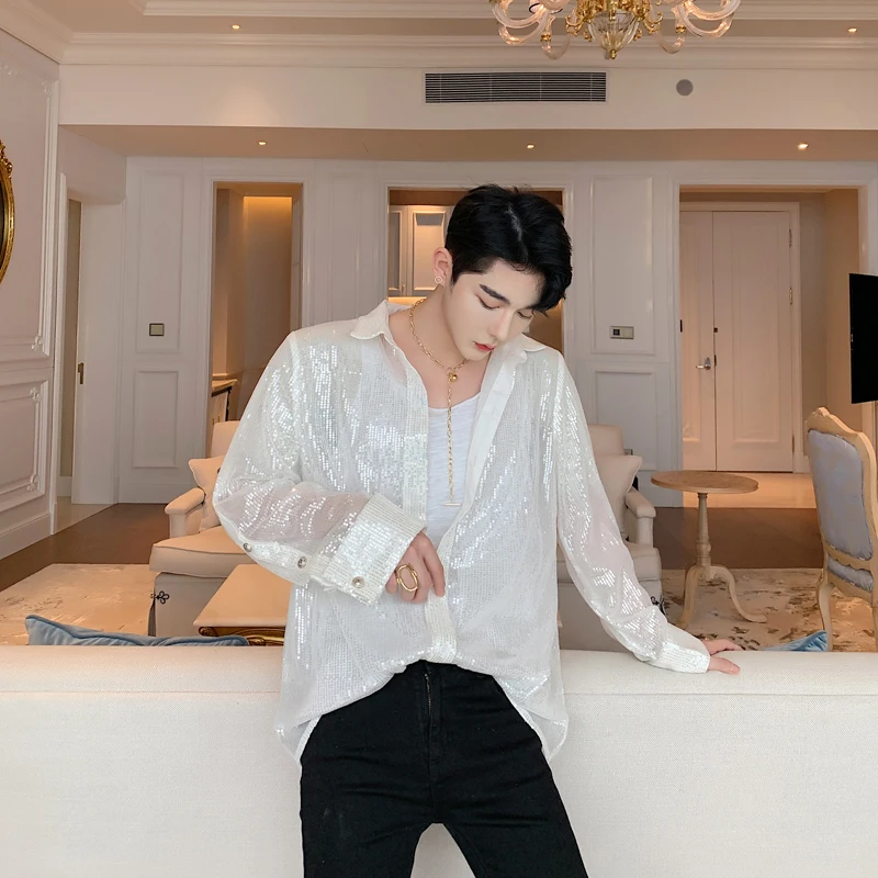 Men Translucent Sequins Loose Casual Long Sleeve Black White Shirts Male Women Street Punk Gothic Hip Hop Shirt Stage Clothing
Men Translucent Sequins Loose Casual Long Sleeve Black White Shirts Male Women Street Punk Gothic Hip Hop Shirt Stage Clothing