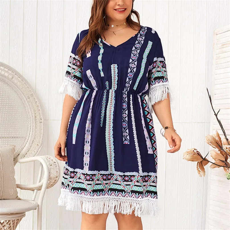 Womens Dresses Short Sleeve Tassels V-Neck Prined Plus Size Bohemian Style Ladies Elegant Sundress Dresses sukienka letnia 4FM
Womens Dresses Short Sleeve Tassels V-Neck Prined Plus Size Bohemian Style Ladies Elegant Sundress Dresses sukienka letnia 4FM