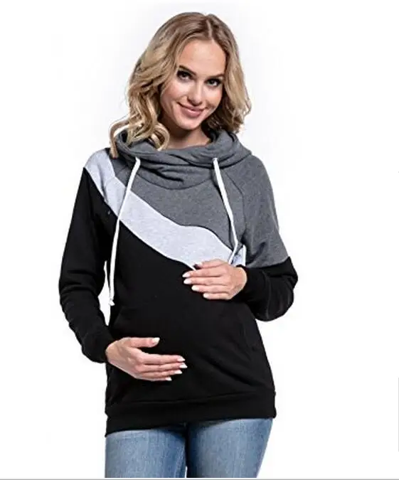 Plus Size Pregnancy Nursing Long Sleeves Maternity Clothes Hooded Breastfeeding Tops Patchwork T-shirt for Pregnant Women (6)
