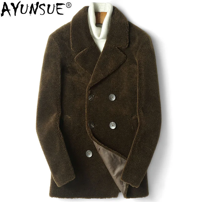 

AYUNSUE Real Sheep Shearling Fur Coat Winter Jacket Men Streetwear Wool Coats Suede Lining Windbreaker Jackets D-14-1819 MY1169