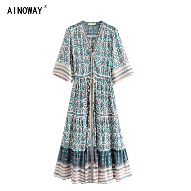 

Vintage Chic women Floral print bat sleeve beach long Bohemian maxi dress Ladies V neck Tassel Summer Boho dress vestidos