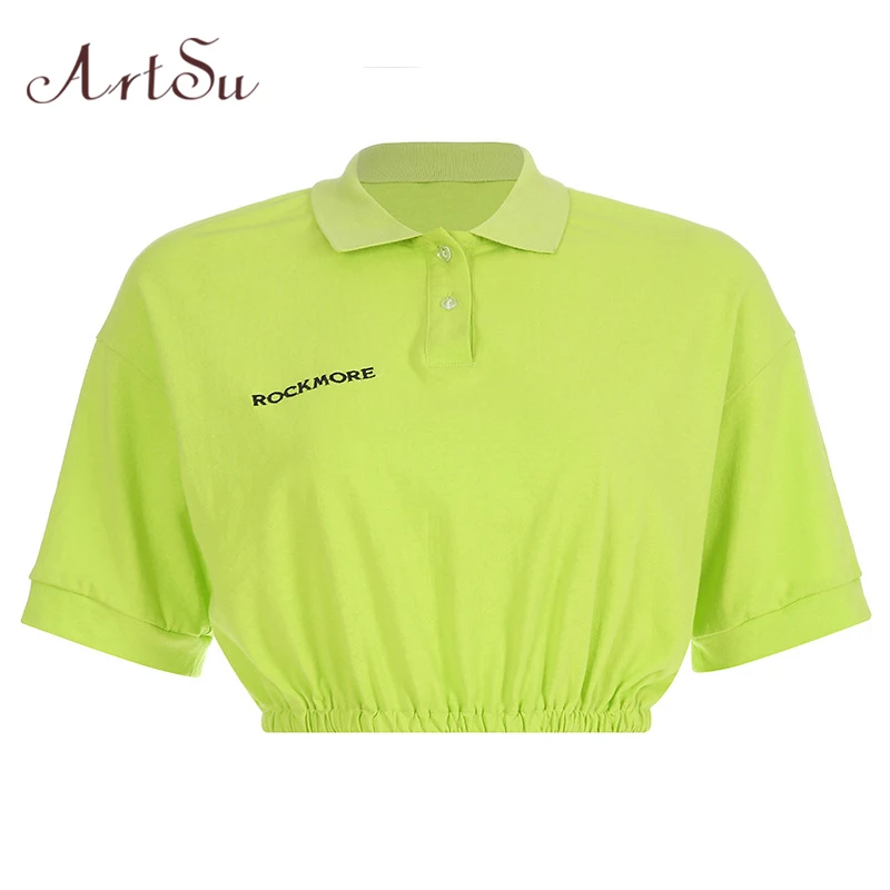 ArtSu Vogue T shirt Neon Crop Top Womens Tshirts Casual Cotton Women Short Sleeve Turn-down Collar Streetwear ASTS20820
ArtSu Vogue T shirt Neon Crop Top Womens Tshirts Casual Cotton Women Short Sleeve Turn-down Collar Streetwear ASTS20820