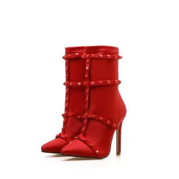 Spring new elastic cloth rivets pointed high heels red bridal shoes short boots women
Spring new elastic cloth rivets pointed high heels red bridal shoes short boots women