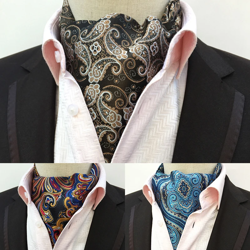 

Ricnais Quality Men Ascot Neck tie Vintage Paisley Floral Jacquard Silk Necktie Cravat Tie Scrunch Self British style Gentleman