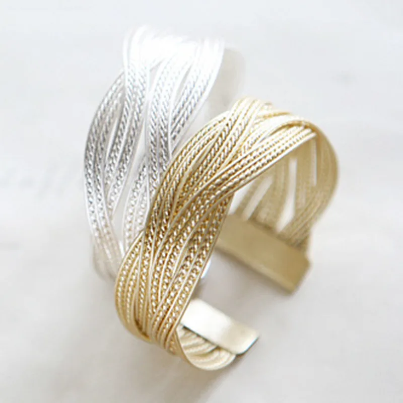 Hot Sale Fashion Gold/Silver Plated Alloy Knitted Twist Metal Rattan Cuff Bangle Bracelet For Women Weave Wide Open Bracelet
Hot Sale Fashion Gold/Silver Plated Alloy Knitted Twist Metal Rattan Cuff Bangle Bracelet For Women Weave Wide Open Bracelet