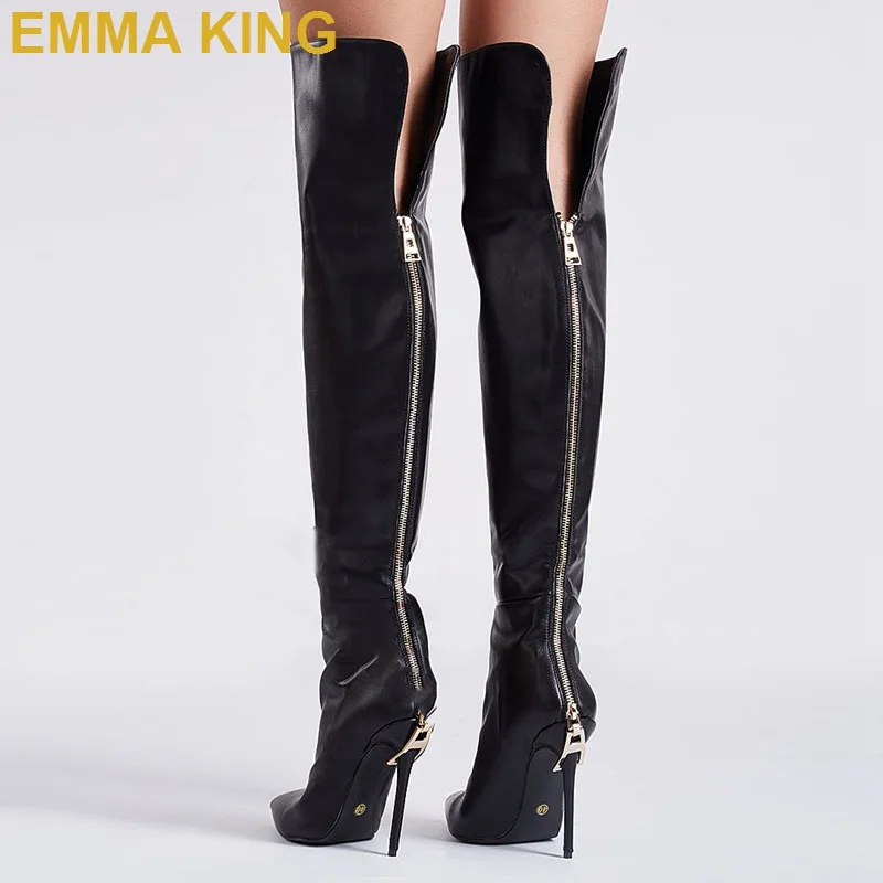 Дизайнерские черные кожаные сапоги выше колена на молнии для женщин Зимняя обувь