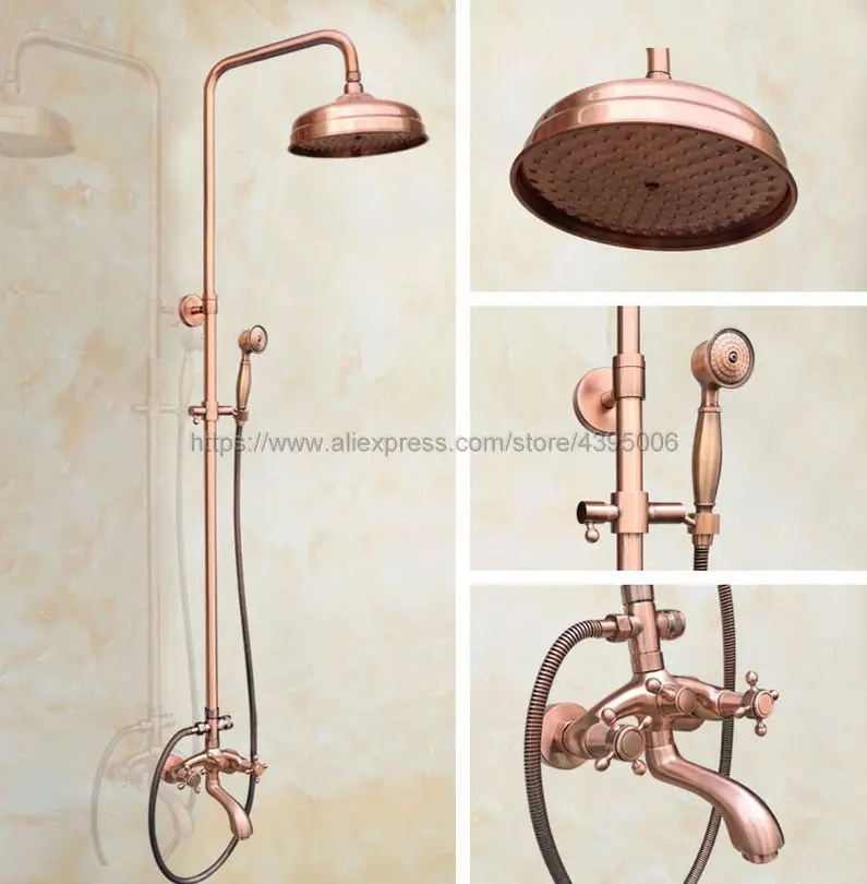 

Antique Red Copper Wall Mounted Rainfall Bath Shower Faucet Swivel Tub Taps Bathroom Shower Mixers with Handshower Brg501