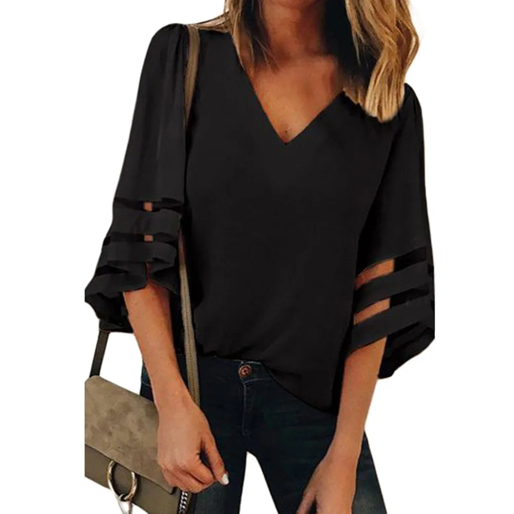 

Laser Cut Insert Mesh Cuff Blouse Elegant Solid V Neck Loose Tops Women Half Sleeve Work Shirt Plus Size Workwear #L