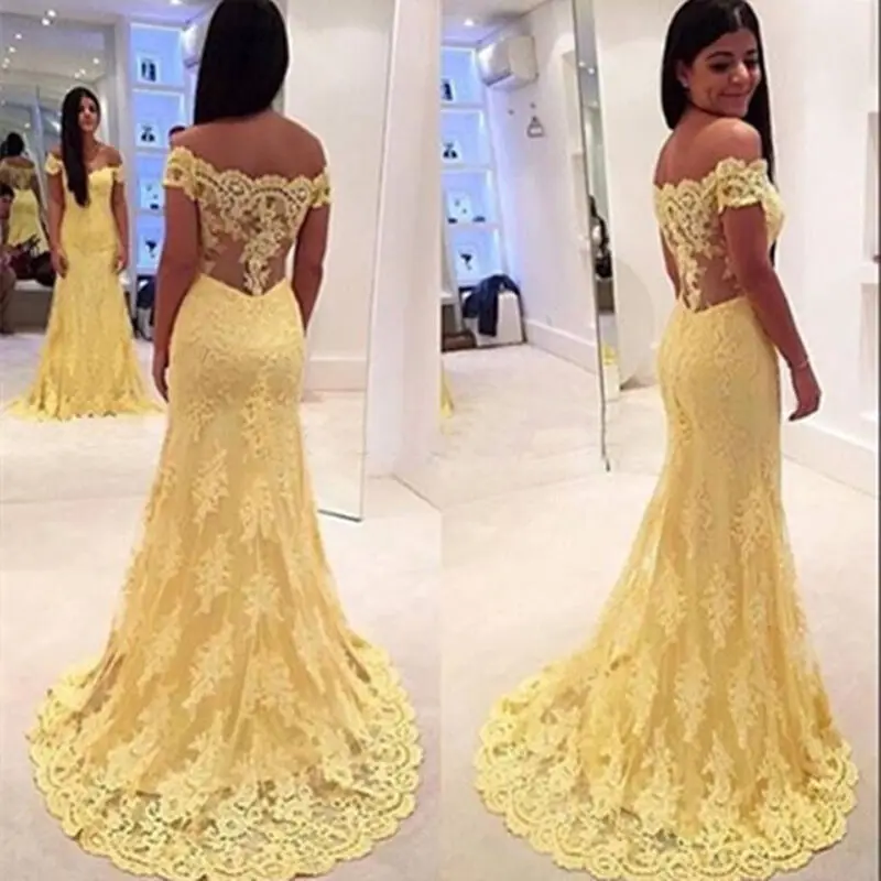 Yellow Lace Appliques Evening Dresses Off the Shoulder Mermaid Long Prom dress Party Gown Custom
Yellow Lace Appliques Evening Dresses Off the Shoulder Mermaid Long Prom dress Party Gown Custom
