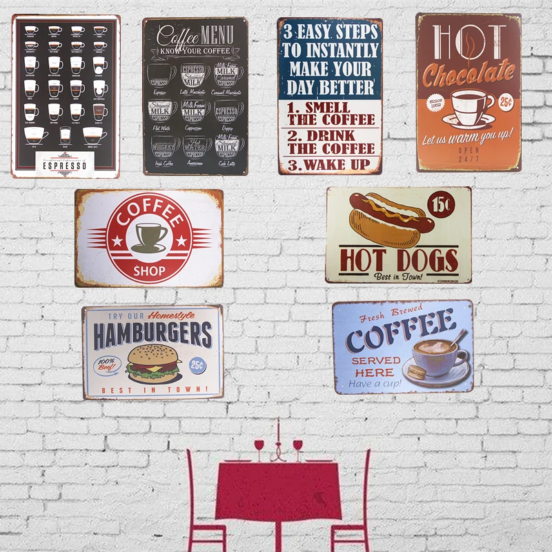 Image Coffee Menu Vintage Metal Tin Signs Hamburgs Hot Dog Bar Pub Restaurant Wall Sticker Decoration Home Decor Poster Plaques