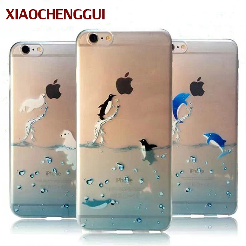 

Clear Dolphin Penguins Animal Pattern Painted Liquid Water Hard PC Protective Phone Back Case Cover For iPhone 5s 6s 6sp 7 8Plus