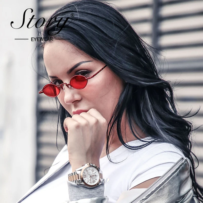 

STORY 2019 Retro Small Oval Sunglasses Women Vintage Skinny Metal Frame 90S Tiny Round Sun Glasses Red Yellow Lens Eyewear