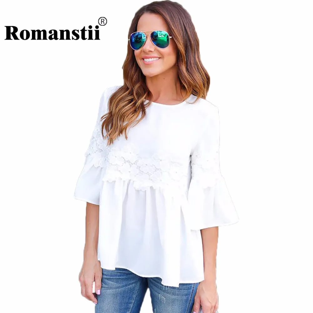 Romanstii Lace Blouse 2017 Summer Casual Half Flare Sleeve Feminine Shirt Tunic Floral Appliques Clothes Women White Female Tops |