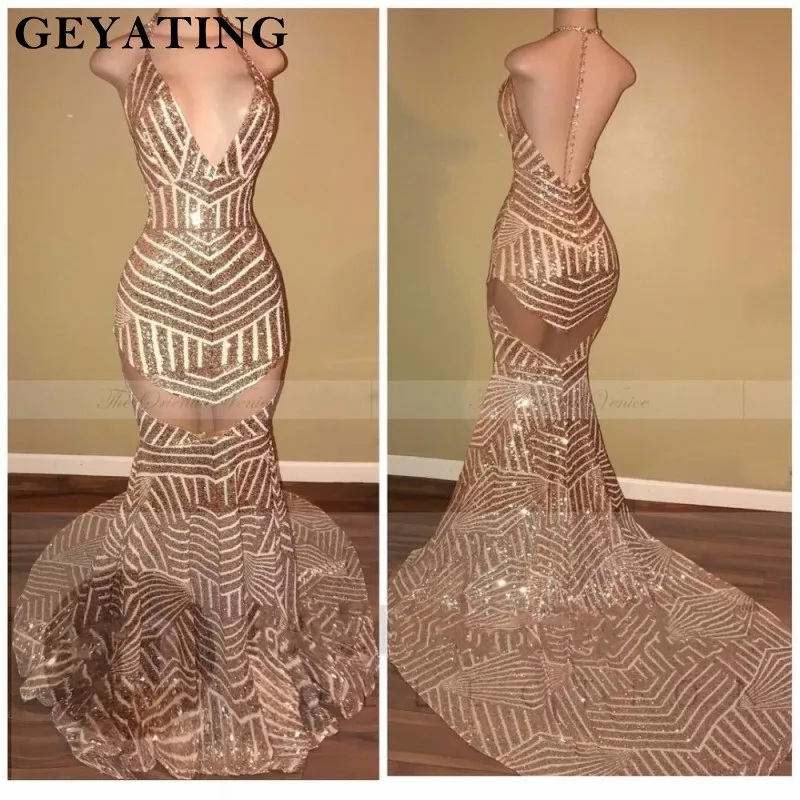 Rose Gold Sequined Mermaid Prom Dresses 2019 Sexy Deep V Neck Backless Evening Dress Long Train Party Gowns For Black Girls
Rose Gold Sequined Mermaid Prom Dresses 2019 Sexy Deep V Neck Backless Evening Dress Long Train Party Gowns For Black Girls