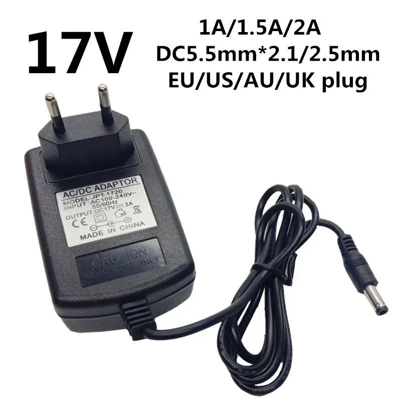 Universal AC 100-240V To DC 17V 1A 1.5A 2A Power Adapter Power Supply Converter 5.5mm*2.5mm 5.5mm*2.1mm EU US UK AU plug
Universal AC 100-240V To DC 17V 1A 1.5A 2A Power Adapter Power Supply Converter 5.5mm*2.5mm 5.5mm*2.1mm EU US UK AU plug
