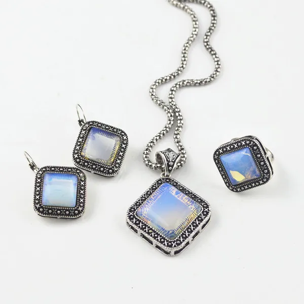 

S114K Transparent Opal Stone Stone Necklace Pendant & Earring & Ring per Set Jewlery Set ,Vintage Look,Tibet Alloy,