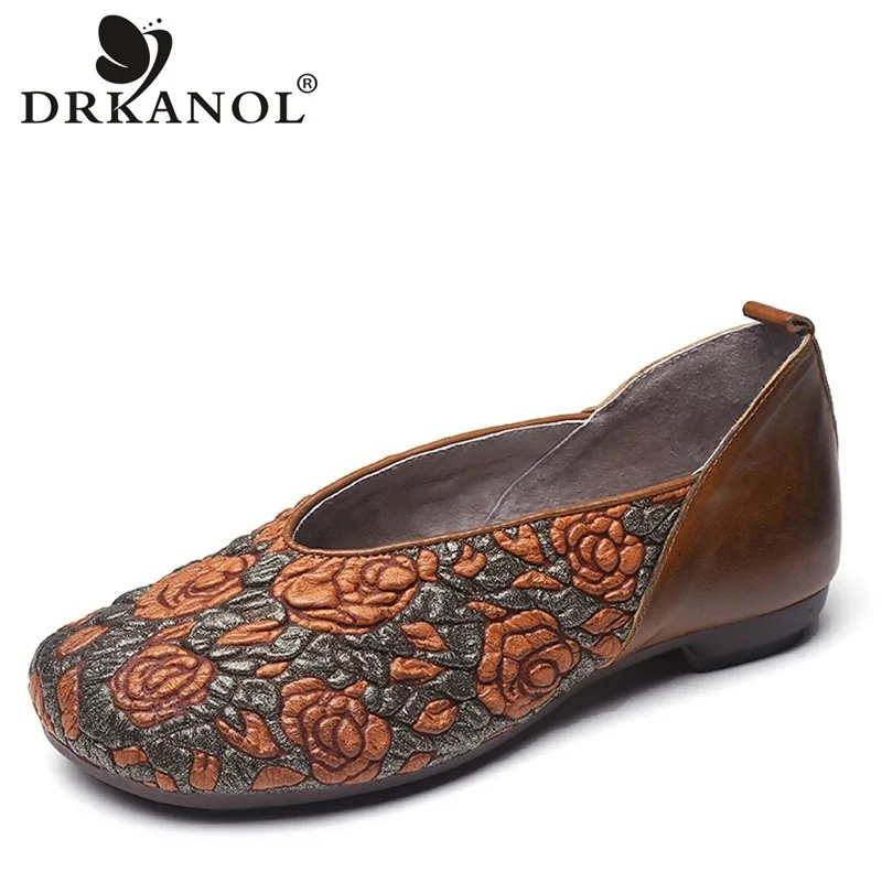 

DRKANOL Spring Genuine Cow Leather Flat Shoes Women Slip On Loafers Shallow Casual Vintage Flowers Ladies Flats Moccasins Shoes