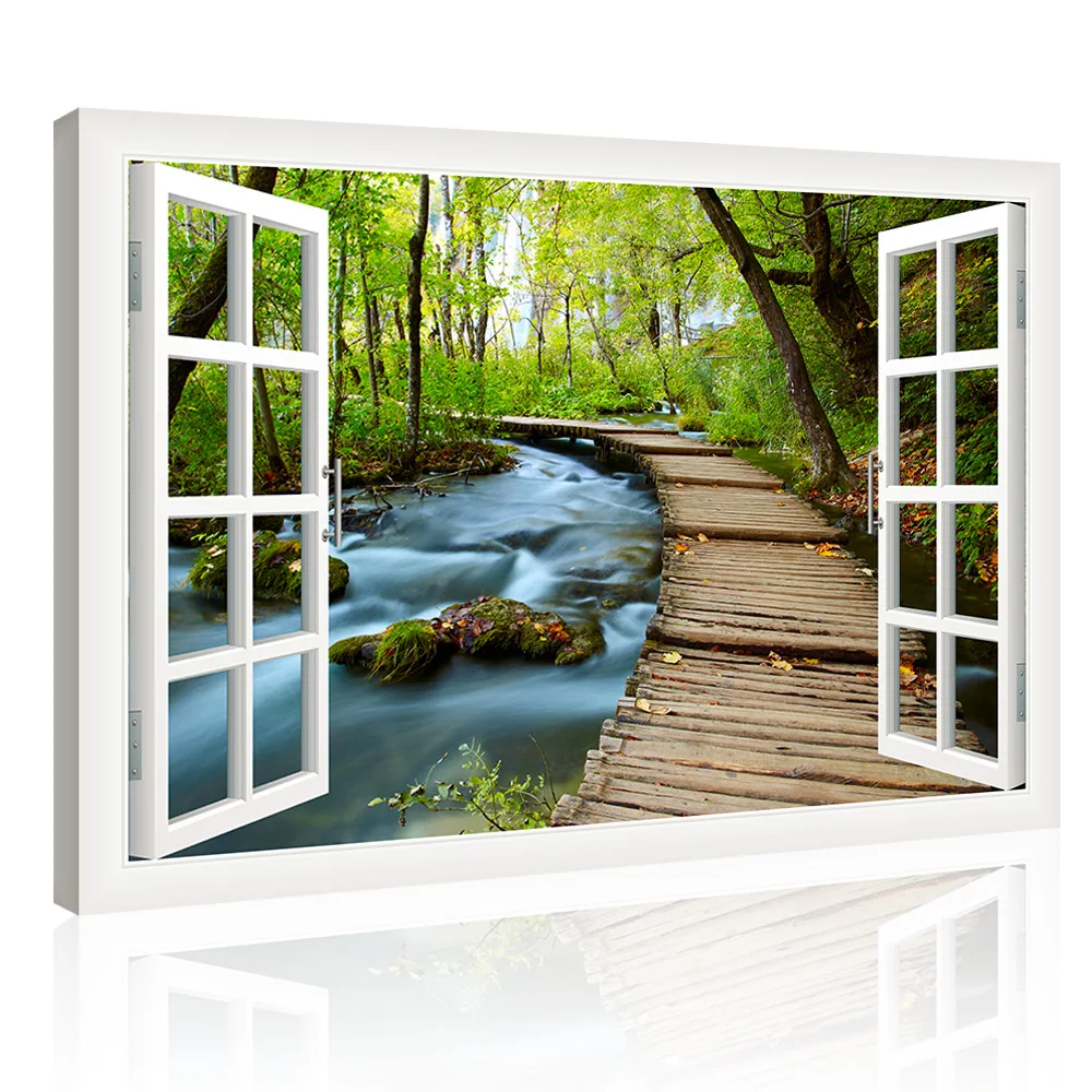Фото Пейзаж настенные художественные картины лес река за окном HD жикле печать в рамке