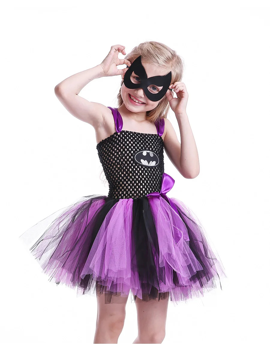 Bat Man Superhero Girls Tutu Dress with Mask Children Halloween Cosplay Costume Bat Girl Kids Tulle Party Dress Vestidos (9)