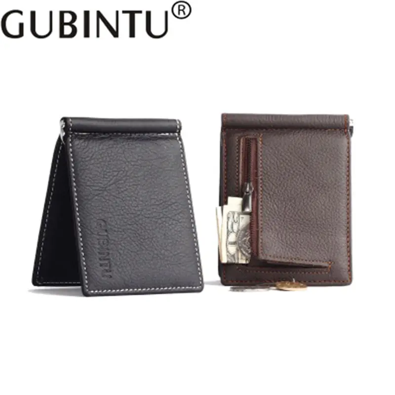 

GUBINTU Men's Genuine Leather Money Clip Wallet With Coin Pocket Small Card Cash Holder Portable Mini Metal Money Clamp For Male