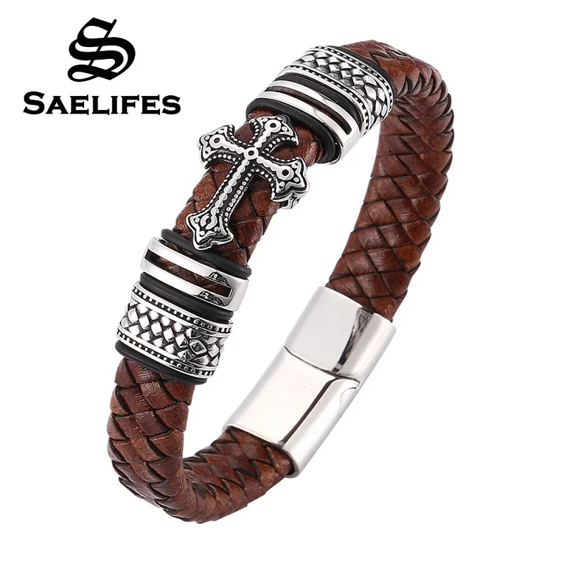 New Men Jewelry Stainless Steel Magnetic Clasp Vintage Leather Bracelet Metal Cross Men's Gift PB0061 | Украшения и