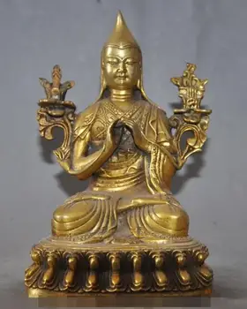 

S06754 Tibetan Buddhism Bronze gilt Seat Lotus Je Tsongkhapa Tsong-kha-pa Buddha Statue