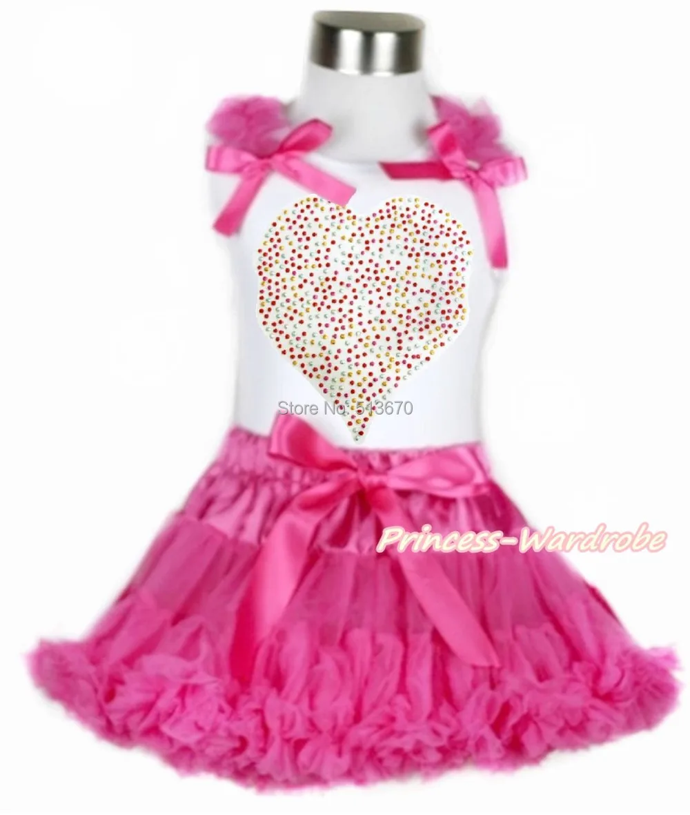 

Valentine Rhinestone Heart Ruffle Bow White Top Girl Hot Pink Pettiskirt 1-8Year MAPSA0190