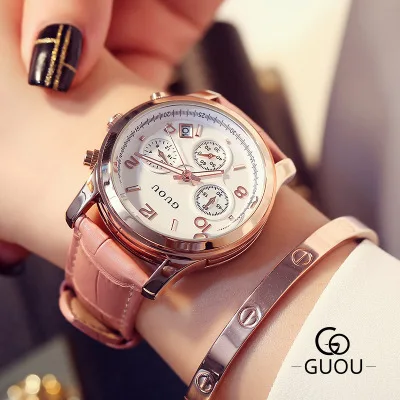 Лучшие Брендовые Часы GUOU женские знаменитые наручные часы модные три глаза