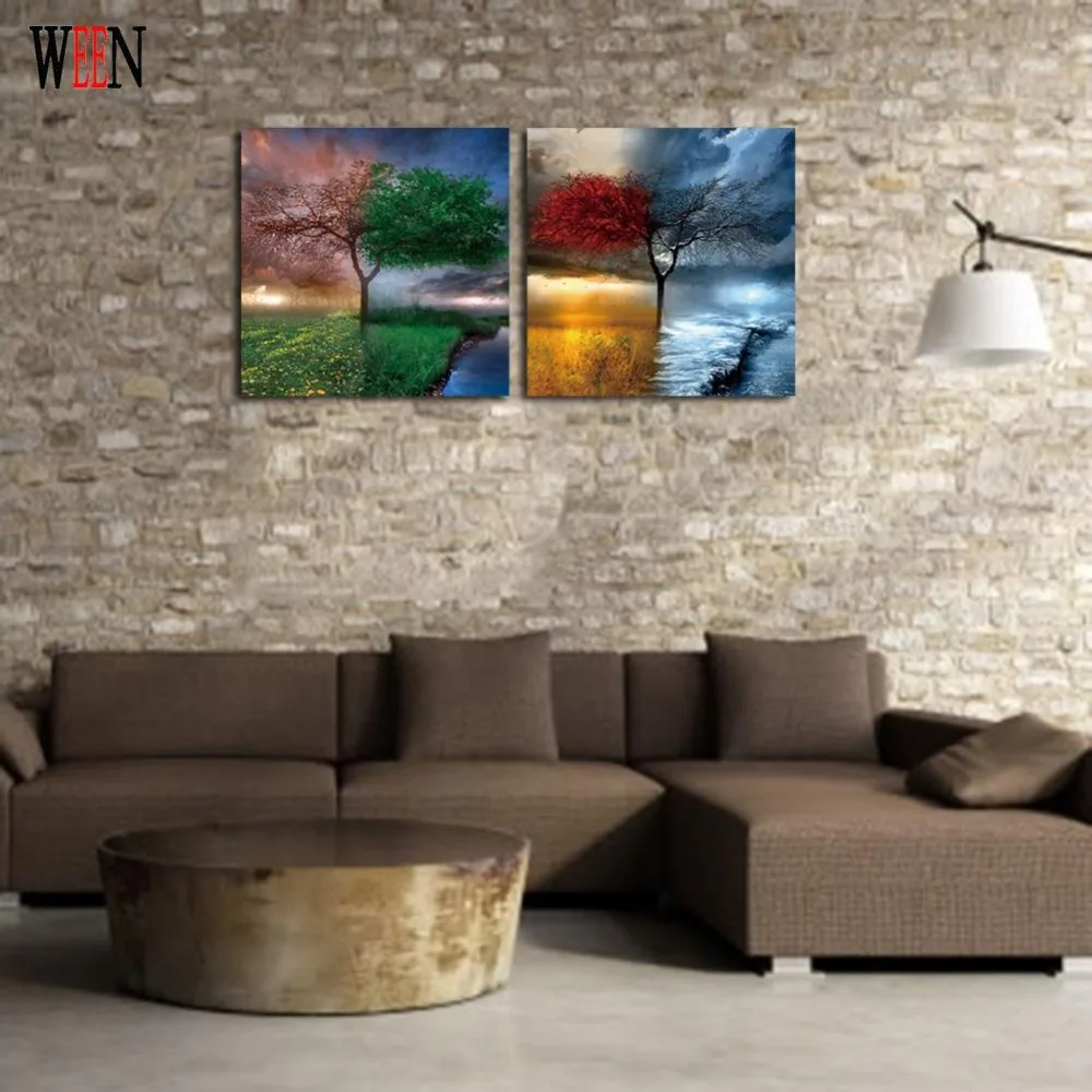 WEEN Creative Red Tree Wall Pictures Stretched And Framed For Room Gary and Green Canvas Painting cuadros Directly Handed | Дом и сад