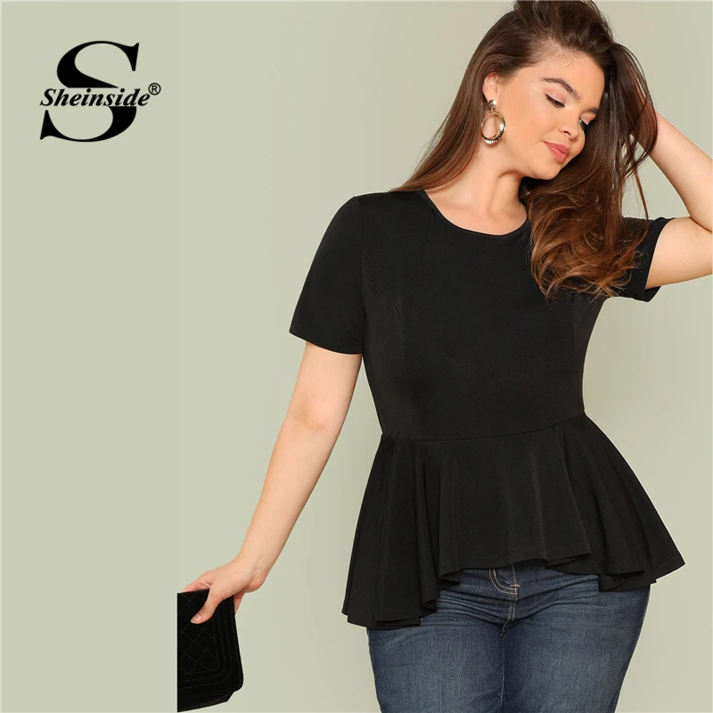 

Sheinside Plus Size Ruffle Hem Womens Tops And Blouses 2019 Black Burgundy Stretch Solid Top Women Short Sleeve Summer Blouse